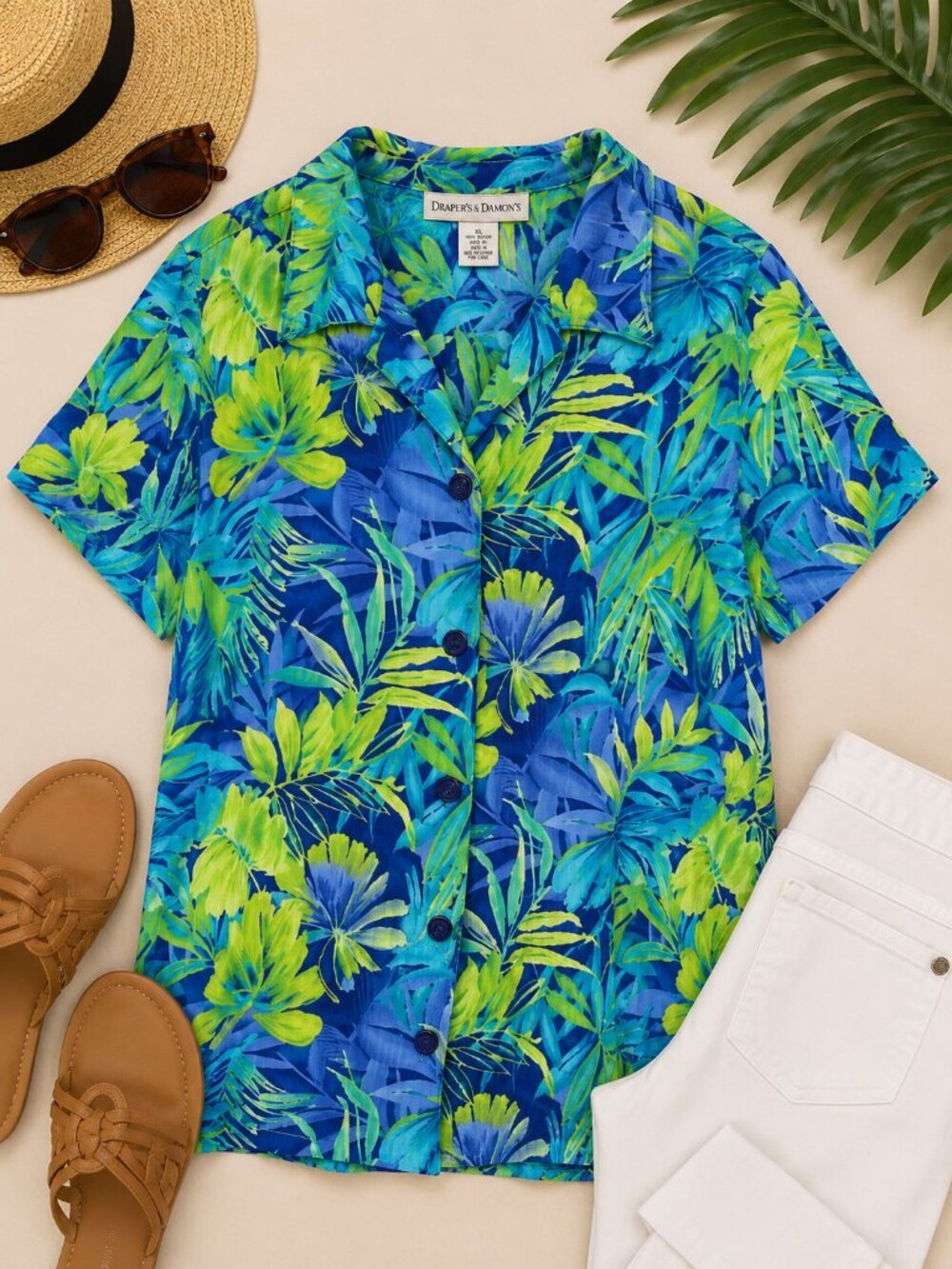 Draper's & Damon's Tropical Hawaiian Button Front Blouse XL Blue Rayon